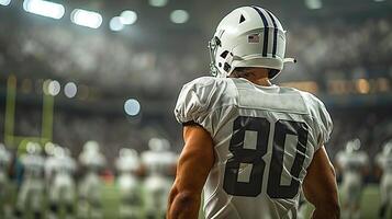 American football player in a white helmet and uniform stands with his back against the background of the players of his team and the stands of the arena. Copy space photo