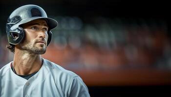 A baseball player in a black helmet stands in the right part of the frame in close-up. Copy space photo