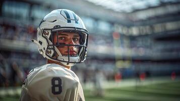 An American football player in a white helmet and uniform stands against the background of a football arena and stands. Copy space photo