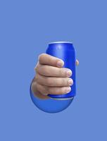 Man holding aluminum can with water droplets on color background photo