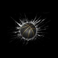 Fast Black basketball ball. through broken glass on black background photo