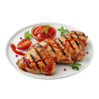 grilled chicken with sauce and garnish on a plate transparent background. png