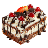 A piece of cake with chocolate and cherries transparent background. png