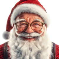 Père Noël claus souriant avec des lunettes et une rouge chapeau transparent Contexte. png