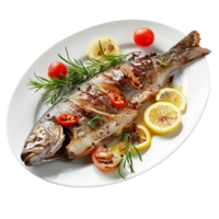 grilled fish on a plate with lemon and tomatoes transparent background. png