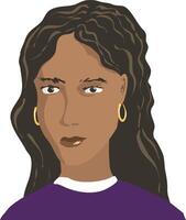 Hand-drawn avatar girl with long dark hair and dark skin. illustration of a girl of Latin appearance with earrings in her ears. Indian appearance and facial features are also suitable. wavy vector