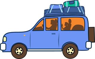 Blue SUV with suitcases on the roof trunk. In the windows of the car the silhouette of the driver and his son in the back seat playing on a smartphone. illustration with transparent background vector