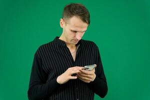 Serious Businessman Texting Message Social Networking White Background Studio. photo