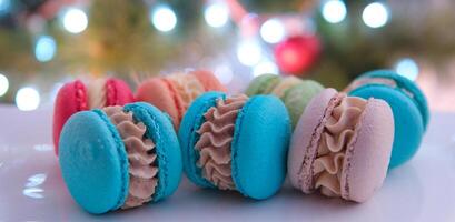 against the background of a Christmas tree on a plate dessert macaroons red blue green pink and orange French pastries made from almond flour with cream delicious appetizing yami yami photo