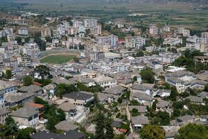 Girokastra is a city in southern Albania, in the valley of the Drinos River. Administrative center of the region and municipality. Mediterranean climate. Traditional houses In Albania, Europe. photo