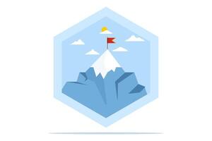Mountains with a flag on it, leadership emblem concept, achievement success, success reaching the top of career or business, mission symbol, mountain climbing, flat illustration on background. vector