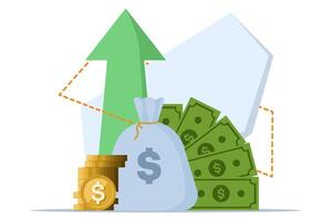 money profit or budget concept, flat cartoon stack of cash graph and arrow going up, business success, economic or market growth, investment income, capital income, benefits. vector