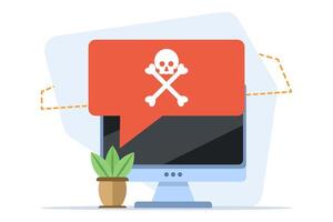 malware warning concept, warning notice on laptop computer, spam data, fraud internet error, unsafe risk danger connection, online fraud, ransomware virus note. flat illustration on background. vector