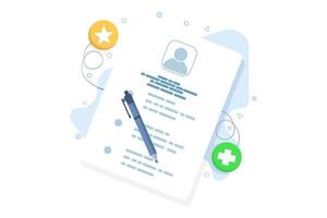 Document design concept, Profile, flat cartoon style of user or profile, Documents with personal data, stack or stack of paper documents with data and user profile photo, job interview. vector