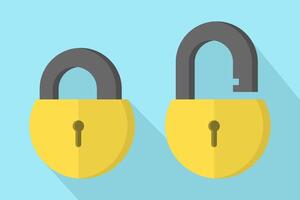 Unlock and close lock icon. Security, encryption, protection, privacy, data access. Locks are locked and unlocked. Two yellow padlocks with keyholes, padlock shape illustration, flat cartoon design. vector