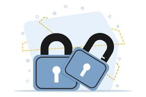 Unlock and close lock icon. Security, encryption, protection, privacy, data access. Locks are locked and unlocked. Two yellow padlocks with keyholes, padlock shape illustration, flat cartoon design. vector