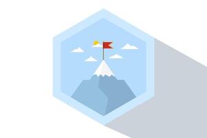 montañas con un bandera en él, liderazgo emblema concepto, logro éxito, éxito alcanzando el parte superior de carrera o negocio, misión símbolo, montaña escalada, plano ilustración en antecedentes. vector