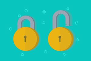 Unlock and close lock icon. Security, encryption, protection, privacy, data access. Locks are locked and unlocked. Two yellow padlocks with keyholes, padlock shape illustration, flat cartoon design. vector