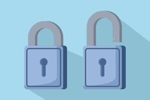 Unlock and close lock icon. Security, encryption, protection, privacy, data access. Locks are locked and unlocked. Two yellow padlocks with keyholes, padlock shape illustration, flat cartoon design. vector