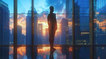 Imagine the scene of the businesswoman standing in her office, peering out at the cityscape through the window, photo