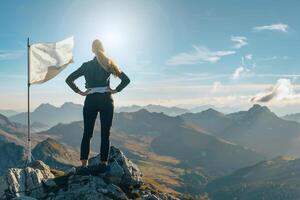 businesswoman standing with arms on hips on top of mountain winner orange flag on back view, Generated AI photo
