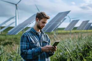 Combining personal finance with sustainability, an app tracks green investments set against the backdrop of renewable energy, Generated AI photo