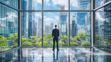 contratar con el empresario perspectiva como él soportes en su oficina, mirando fuera a el ciudad ver mediante el ventana, foto