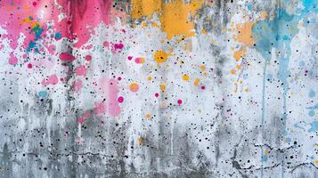 el pintado con spray hormigón pared vitrinas un salpicar manchar antiguo textura, imbuido con vibrante colores ese añadir un dinámica, generado ai foto