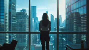 imagen el mujer de negocios como ella soportes en su oficina, su mirada fijo en el ciudad ver más allá el ventana, foto