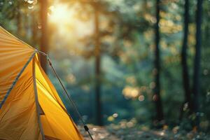 Close-up view of camping background with blurred forest background and tent. outdoor nature background, Generated AI photo