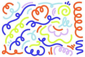 Abstract kids color lines on white background. Cute graphic design. Squiggle hand drown scribbles. Simple doodle random strokes. vector