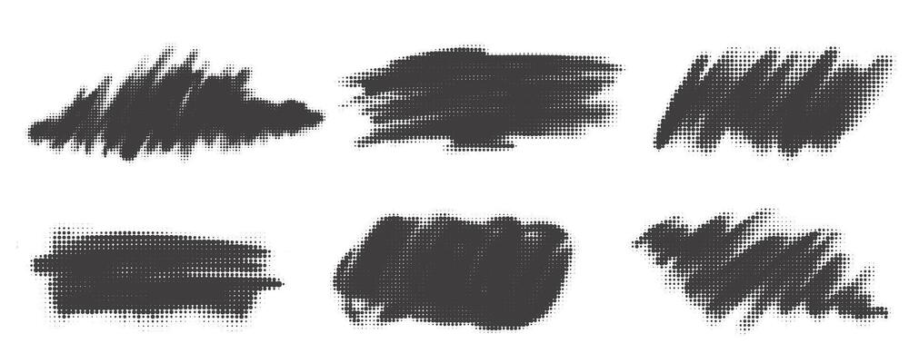 Halftone noisy gradient paint brush stroke. Dotted blobs. Abstract grunge elements isolated on white background.