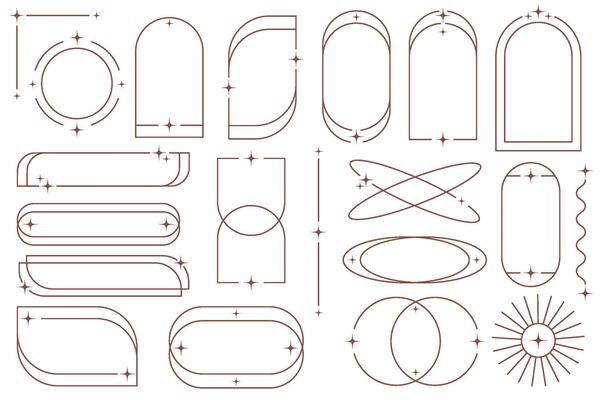 Outline frames with stars. Aesthetic border elements. Minimal graphic arch shapes. Y2k modern simple abstract figures with sparkles. Trendy geometric stickers set. Cosmic linear collection