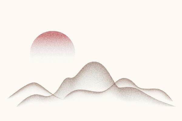 Dotted grainy gradient mountains and sun. Stipple effect with dust texture. Solar eclipse in desert. Night landscape with moon. Fade grunge background. Vintage retro design