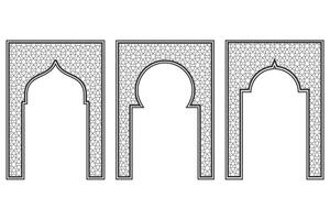 Islamic frame with arch and ornament. Ramadan gate on geometric background for wedding invitation design. Oriental decorations set. vector