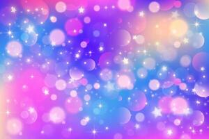 Pink and blue starry sky. Cute unicorn galaxy background with glitter and bokeh texture. Purple wallpaper with fairy sparkles. Holographic abstract shiny space. Lilac gradient landscape. vector