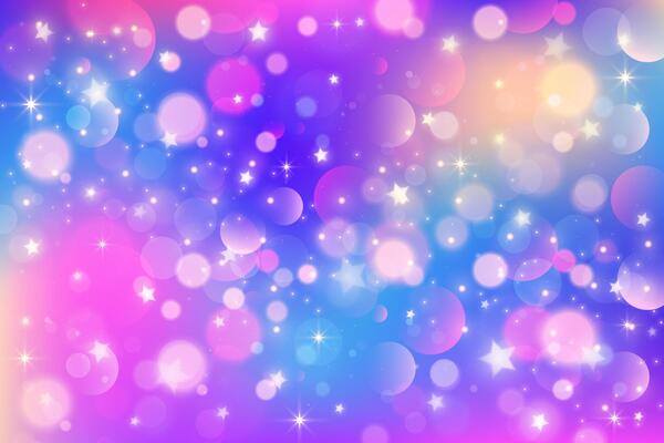 Pink and blue starry sky. Cute unicorn galaxy background with glitter and bokeh texture. Purple wallpaper with fairy sparkles. Holographic abstract shiny space. Lilac gradient landscape.