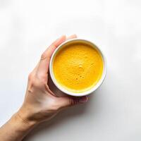 Hand holding cup of organic curcumin honey golden milk, Indian turmeric latte on white background. Top view spices yellow chai natural drink healthy food concept photo