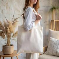 Tote bag mockup. Woman carrying reusable white cotton linen eco organic fabric canvas blank totebag on soft earth tone cozy room background photo