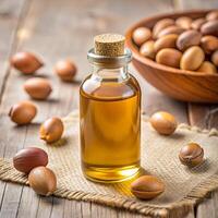 Argan oil in bottle with argan nut seeds on wooden table used for cosmetic skin hair care and healthy culinary purpose. photo