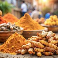 Turmeric curcumin deep yellow orange powder and raw fresh roots curcuma longa at local spices bazaar market photo