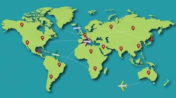 grupo do aviões vôo sobre mundo mapa localização ponto video