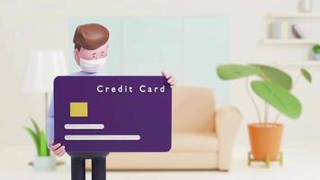 3d hombre participación crédito tarjeta, en línea compras y pago hace un compra en el Internet, video