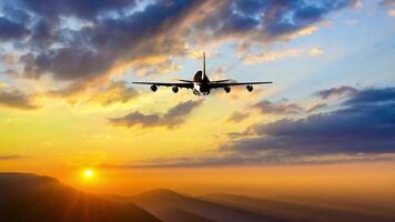 airplane departure from airport flying over bright blue sky and white clouds on sky video