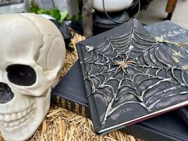 Black books on which the web is drawn and also snakes lie near human skull On Halloween they lie on the straw near them a lantern The spider is embossed in the center of the book photo