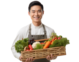 chef holding a crate of fresh organic vegetables png