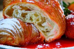 delicious appetizing cut croissant porous structure of puff pastry syrup next to two fresh strawberries on a marble table white plate close-up space for text advertising offers photo for recipe book