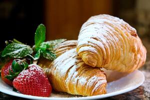 de cerca delicioso apetitoso Fresco crujiente croissants rociado con en polvo azúcar sabroso comida almuerzo bocadillo poroso estructura horneando dieta sitio para texto publicidad menú francés desayuno foto