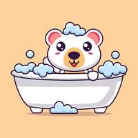 dibujos animados linda polar oso baños en bañera lleno con espuma vector