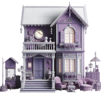 Purple doll house with a clock on the front isolated from background png